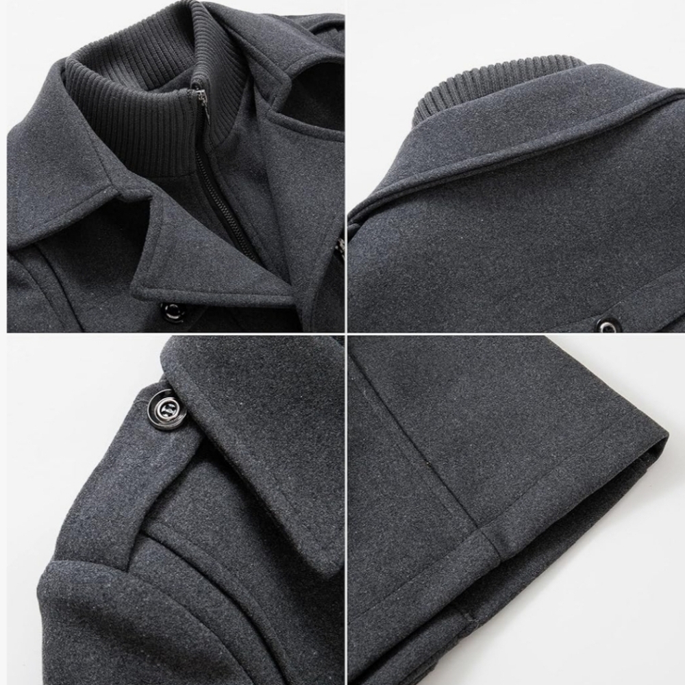 PRIJOUHE Men's Wool Blend Pea Coat Single Breasted Slim Fit with Removable Scarf - Picture 9 of 12